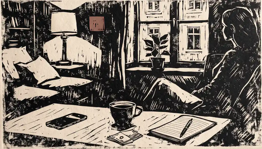 Smartphone auf dem Tisch neben Euro-Scheinen und Kaffee in einem deutschen Wohnzimmer.