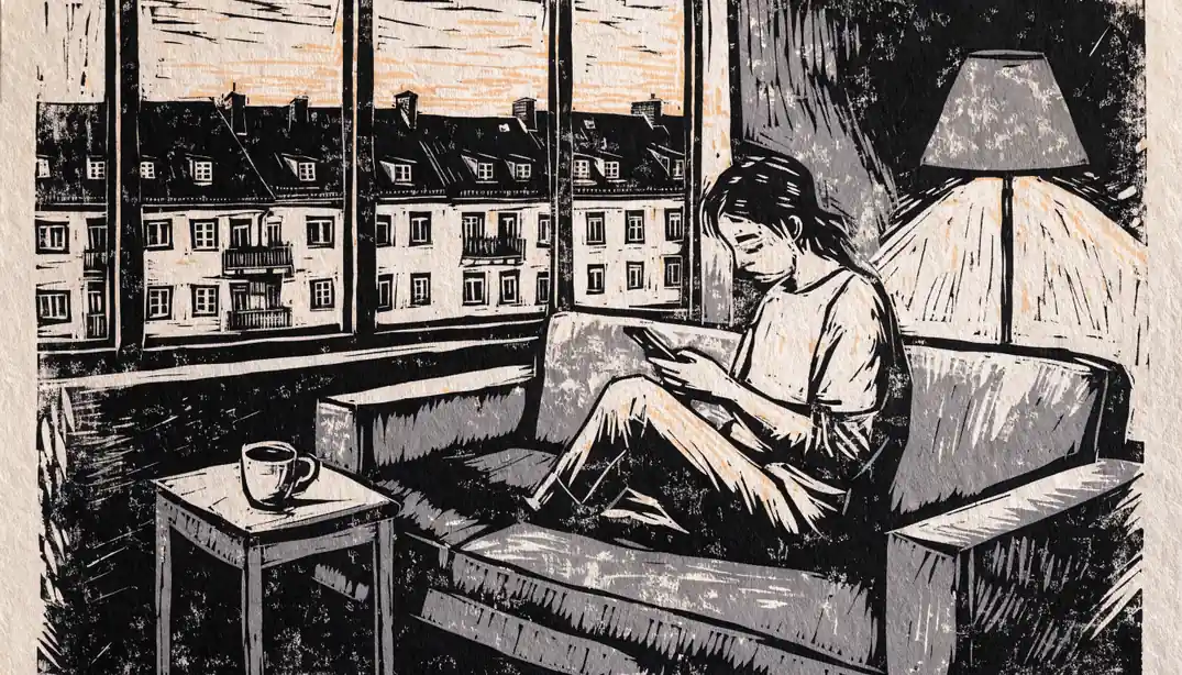 Person auf einem Sofa mit Smartphone in einer modernen deutschen Wohnung am Abend