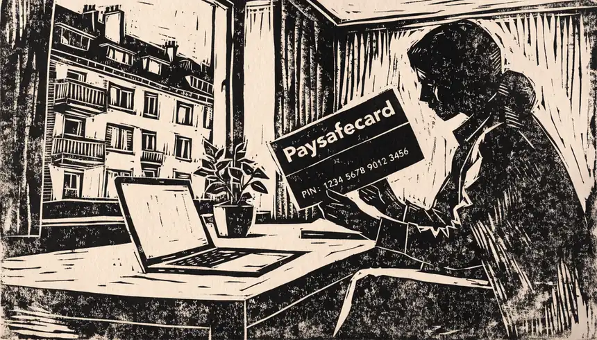 Person hält Paysafecard-Gutschein mit Code neben Laptop auf Schreibtisch.