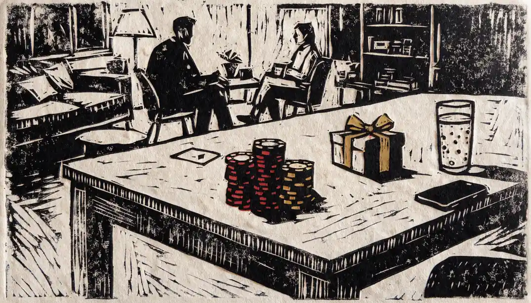 Casino-Chips, Geschenkbox und Smartphone auf einem Tisch als Willkommensbonus-Szene
