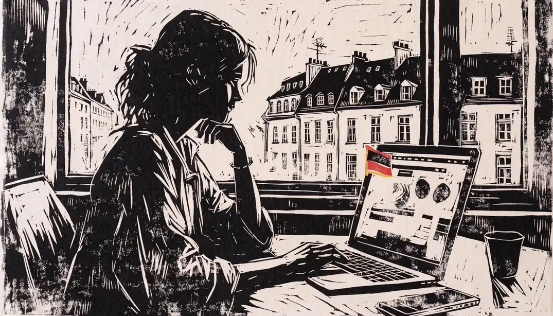Junge Frau am Laptop, entspannte Atmosphäre, Berliner Skyline im Hintergrund