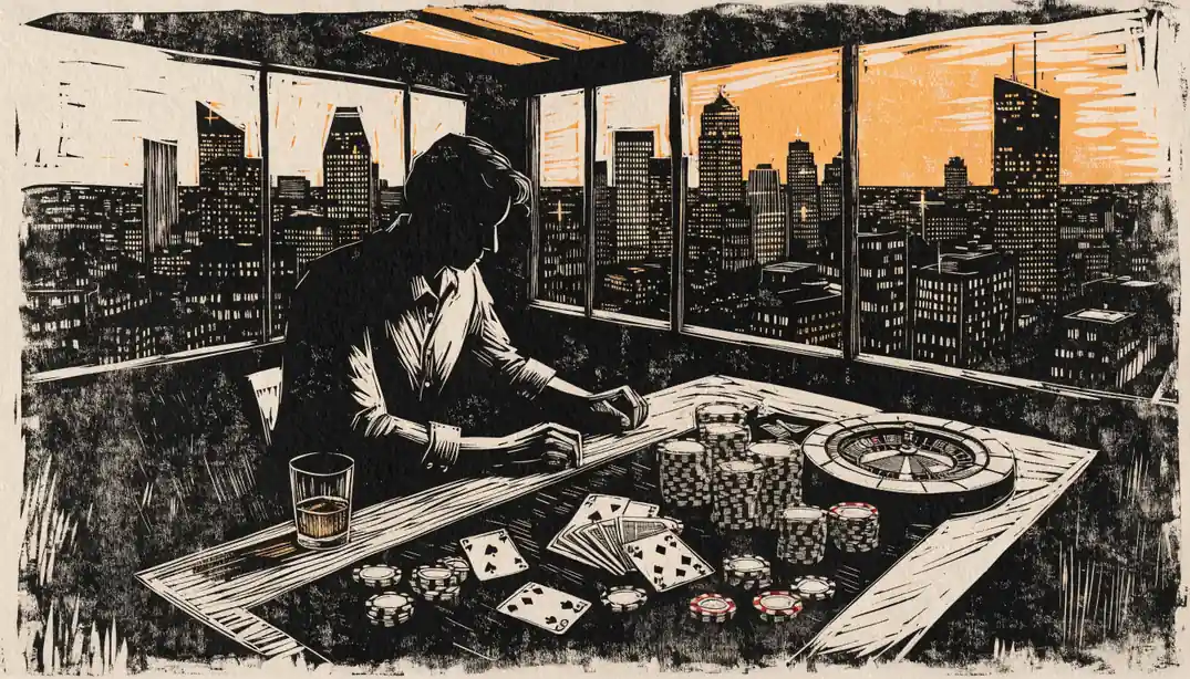 Spieltisch mit Casino-Chips und Roulette in modernem deutschen Interieur mit Frankfurter Skyline