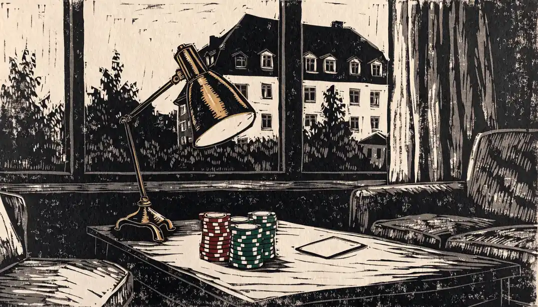Stapel Casino-Chips und Spielkarte auf einem Couchtisch in einer deutschen Wohnung bei warmem Abendlicht