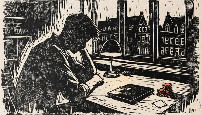 Heimischer Arbeitsplatz mit geschlossenem Laptop und Spielchips, warmes Licht, deutscher Stadthintergrund bei Nacht.
